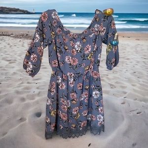 Three Pure Hearts-Women’s Small- Gray/Pink floral off shoulder dress